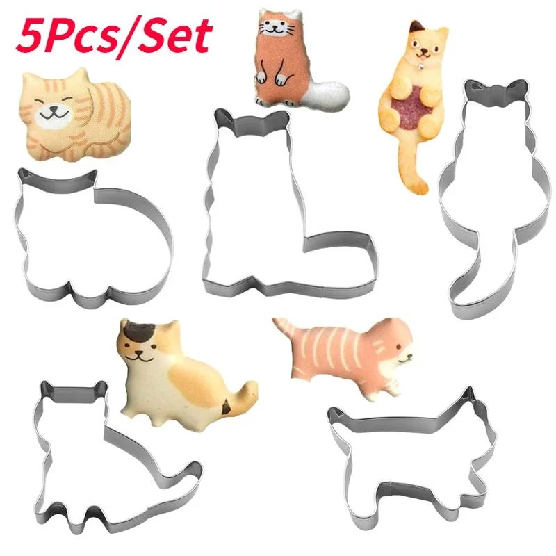 5Pcs Cute Cat Cookie Cutter Mold Sandwiches Fruits Cutter Shapes Biscuit Mold DIY Biscuit Baking Mould Tool