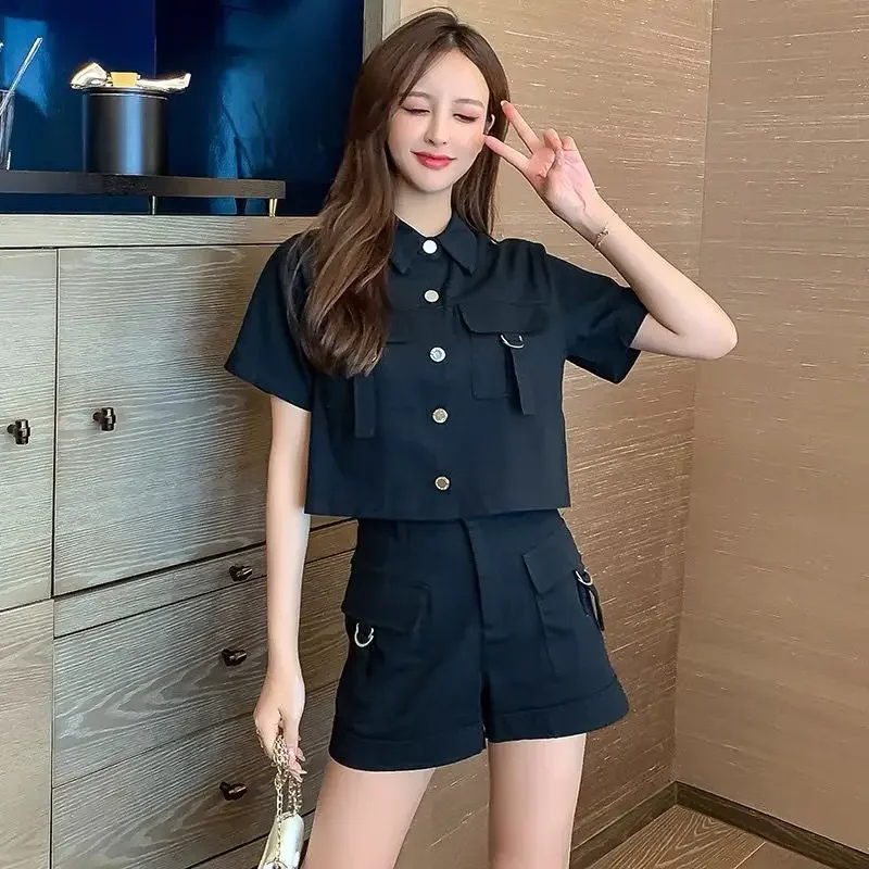 

Short Sets for Women 2 Pieces Black Shirts & Blouses Cargo Straight Woman Shorts New in Matching Novelty Summer Fashion 2025 Kit