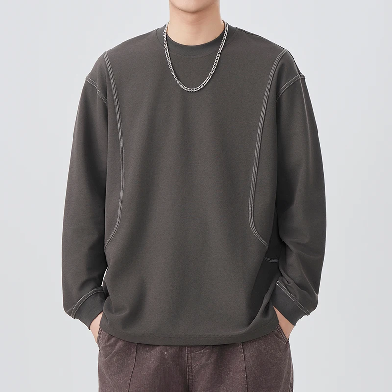 Long Sleeve T-shirt Men Streetwear Fashion Sewing Thread Design Loose Casual Sport T Shirt Spring Autumn Vintage Tshirt