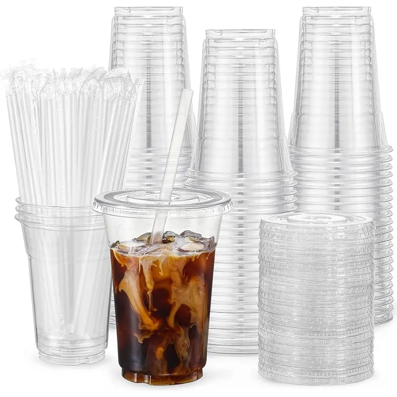 [100 Sets - 20oz] Clear Plastic Cups with Lids and Straws, Disposable Cups for Iced Coffee, Smoothie, Milkshake, Cold Drinks