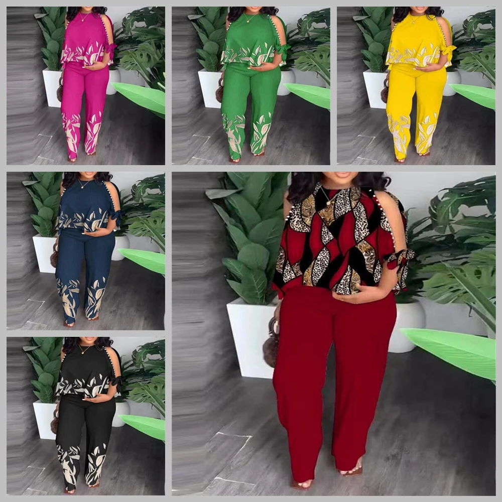 

5XL женские модные комплекты из двух предметов с принтом, осенний костюм с круглым вырезом и полым бисером, рукава реглан, топ, широкие брюки, костюм
