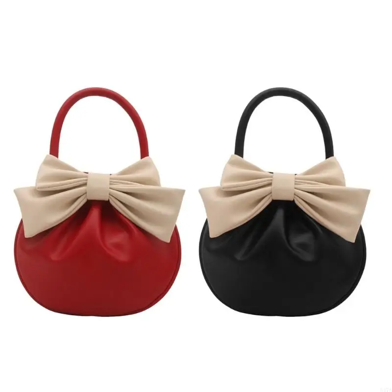 

Professional Round Handbag With Bows Detail PU Top Handle Purse Stylish Evening Bag For Women Birthday Christmas Gift 547A