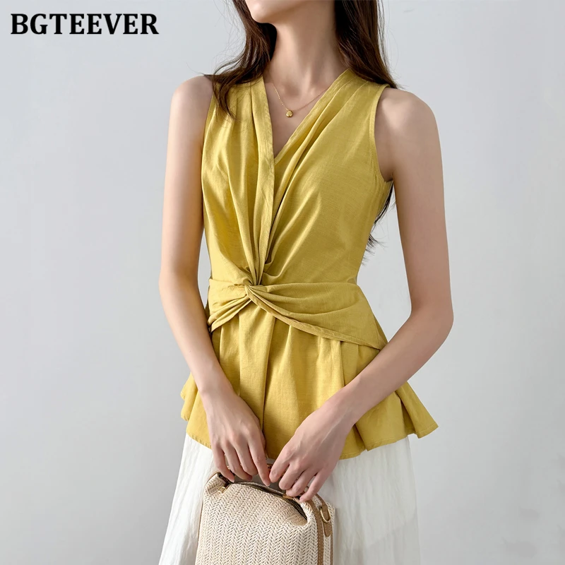 Bgteever verão elegante com decote em v cintura fina senhoras blusas camisas elegantes sem mangas pullovers coletes femininos topos