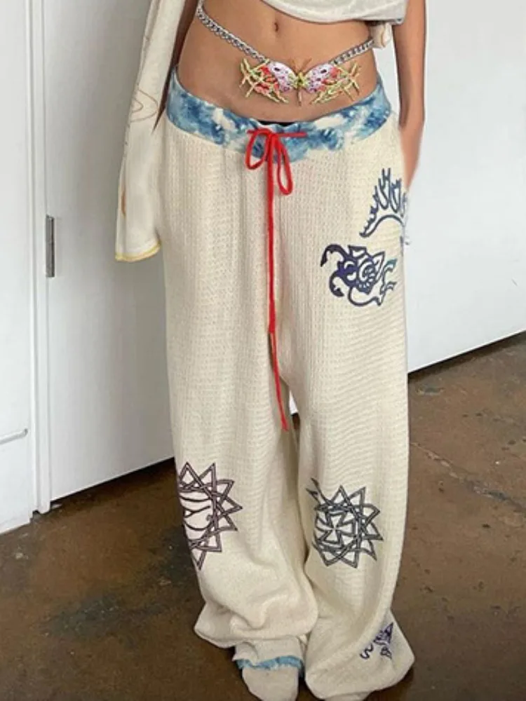 

Y2k Aesthetic Streetwear Print Straight Pant Women Casual Patchwork Pantalon Personality Drawstring Grunge Wide Leg Trousers