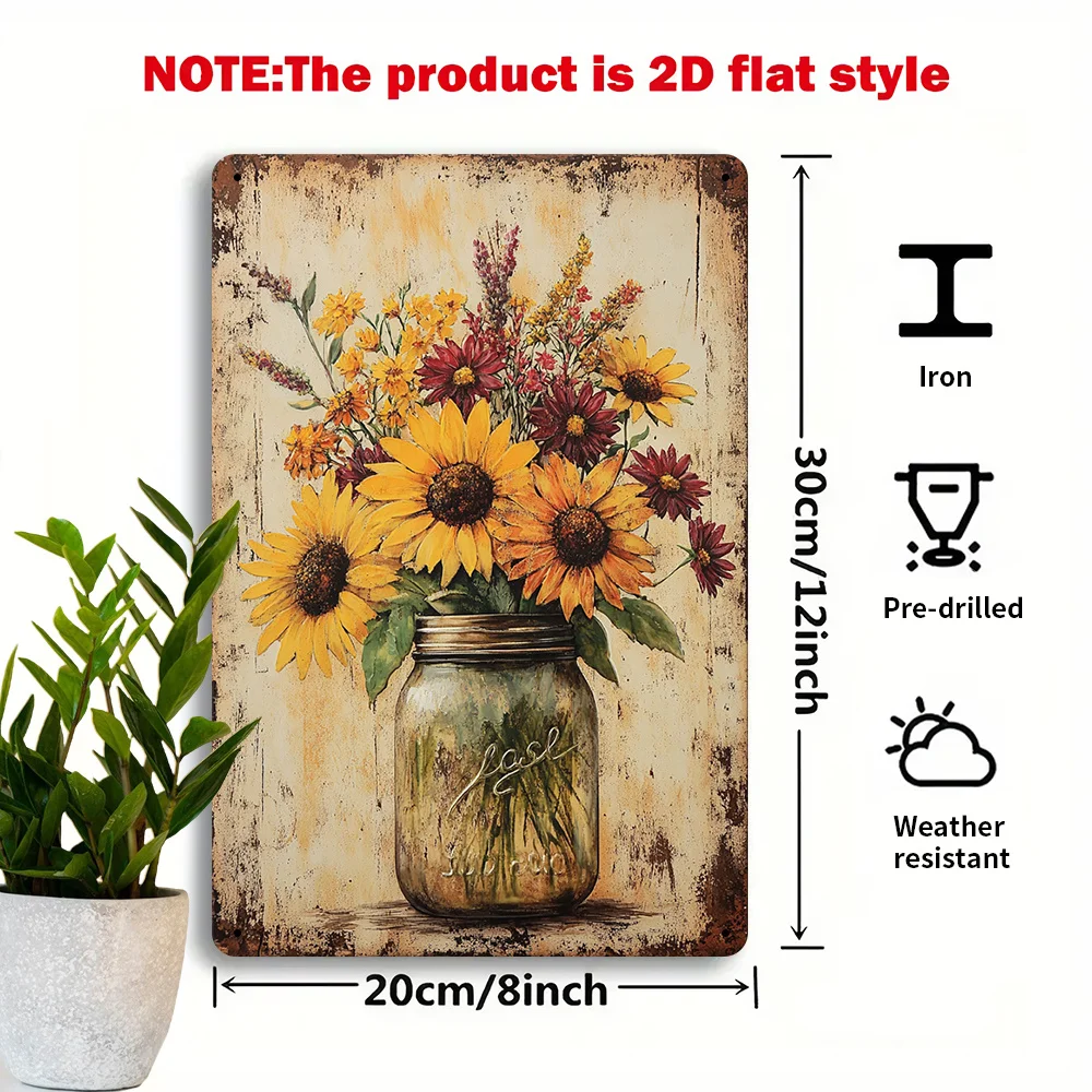 2D Flat - 2D Retro Sunflower Metal Wall Art Sign - 8X12 Inches Country Cottage Decor Featuring Sunflowers And Mason Jars, Durabl