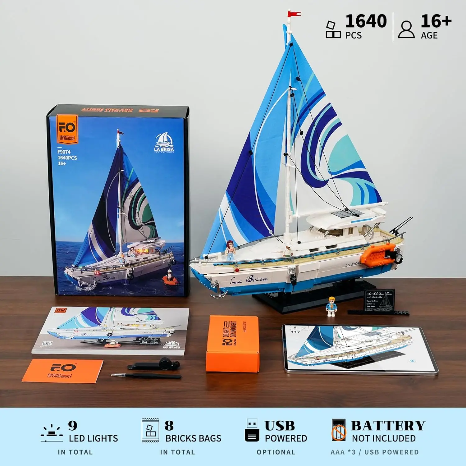 Velero La Brisa Lighting Bicycles Set - City Yacht Juego de exhibición de colección de 1640 piezas para adultos y amantes de la técnica