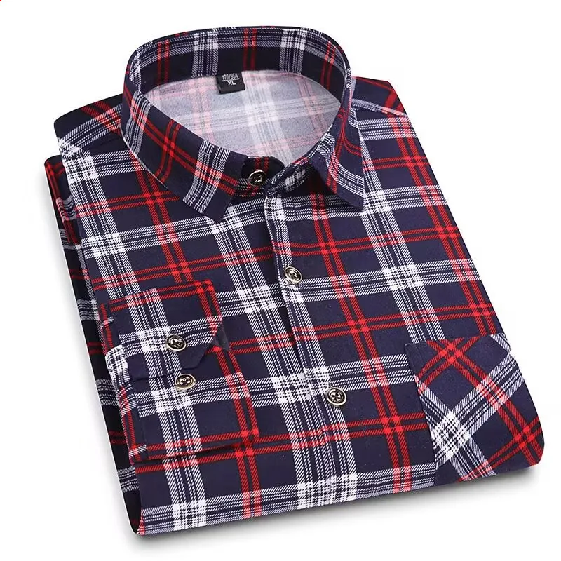 2024 Spring Men\'s Long Sleeve Plaid Striped Casual Shirt Front Patch Chest Pocket Regular-fit Work Shirts Male Flannel Shirt 4XL