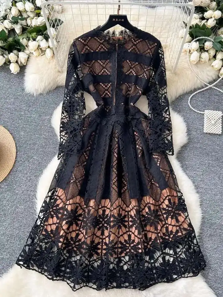 Runway 2025 Spring Embroidery Flower Lace Long Dresses Women\'s Summer Prom Robe Evening Party Midi Vestidos Female