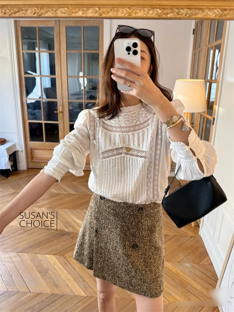 

Susan Casual White Lace Hollow out Hook Flower Long Sve Stand Collar Top Women's Loose Fit Breathable Cotton irt