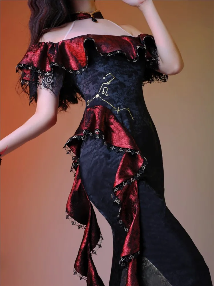 

One-shoulder date new Chinese-style fishtail long cheongsam dress