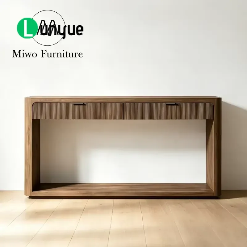 Modern Oak Wood Entrance Table with Drawers Front Groove Decoration Open Shelving Narrow Console for Hallway Living Room