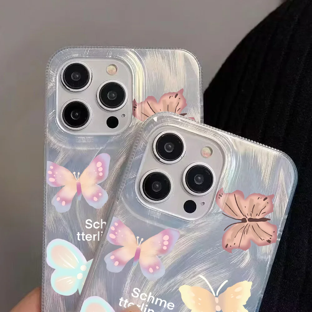 Luxury Camlet Pattern Laser Phone Case For iPhone 11 14 13 12 11 15 Pro Max Plus Aesthetics Butterfly Shockproof Bumper Cover