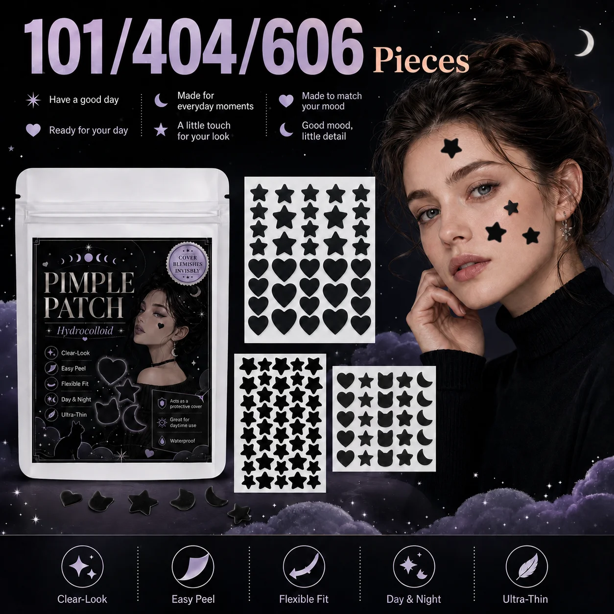 101/404/606pcs Mixed Shape Pimple Patches, Star Heart Cat Moon Design, Ultra-Thin, Comfortable Fit, Day & Night Use