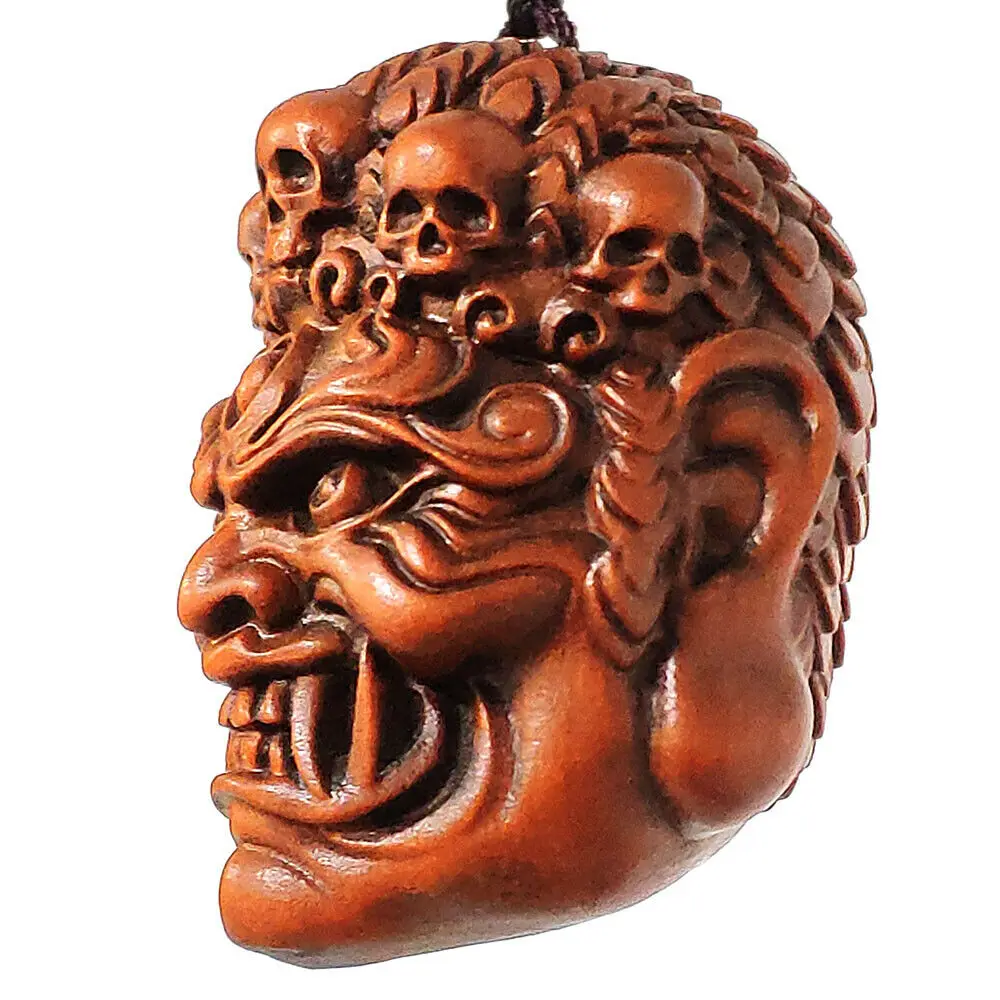 GY004 - 5x3.5x3.5 CM rzeźba z drewna bukszpanu Netsuke : Fudo Gothic maska diabła