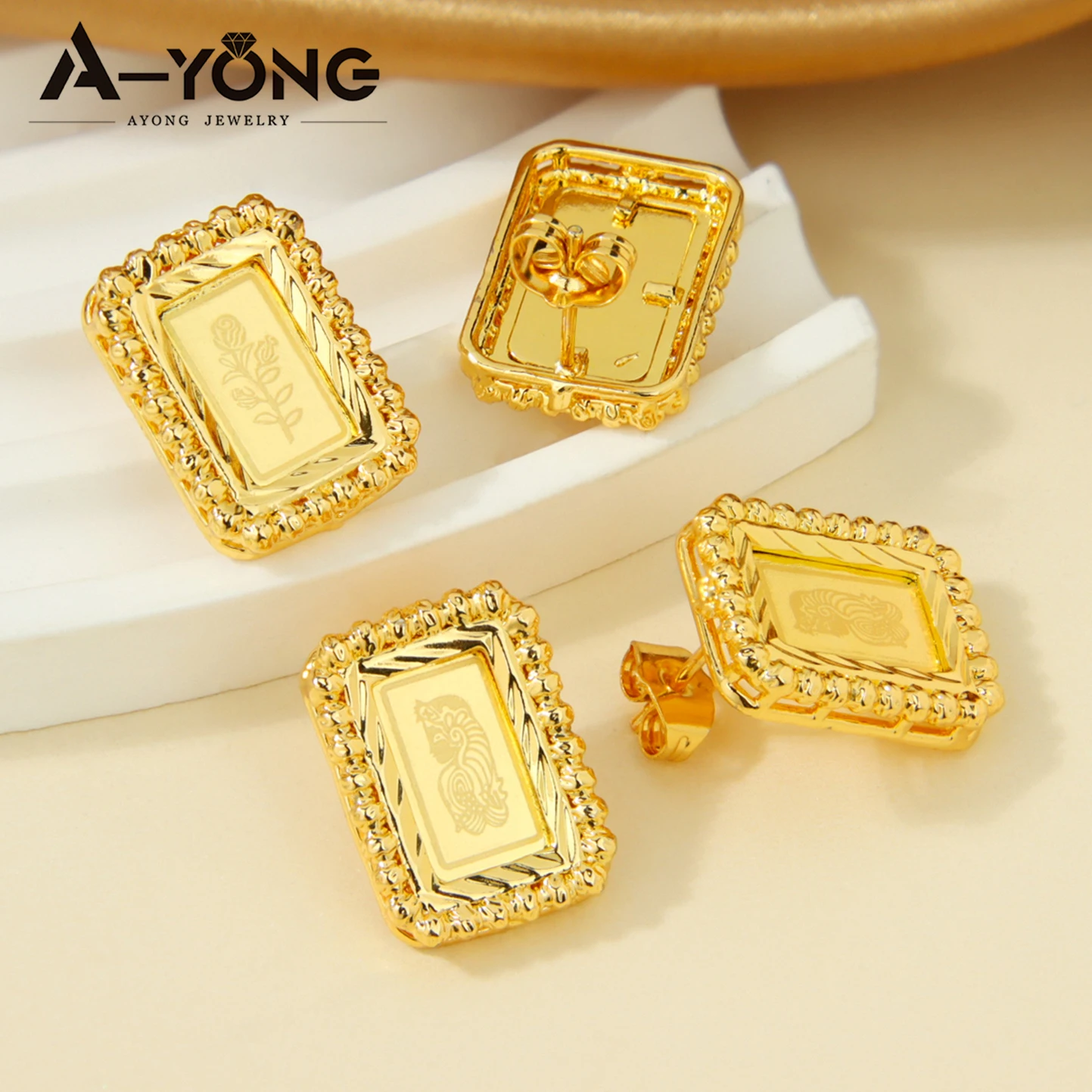Arabic Fashion Square Stud Earrings 21k Gold Plated Nigeria Bridal Wedding Earring Dubai Muslim Women Event Party Jewelry Gifts
