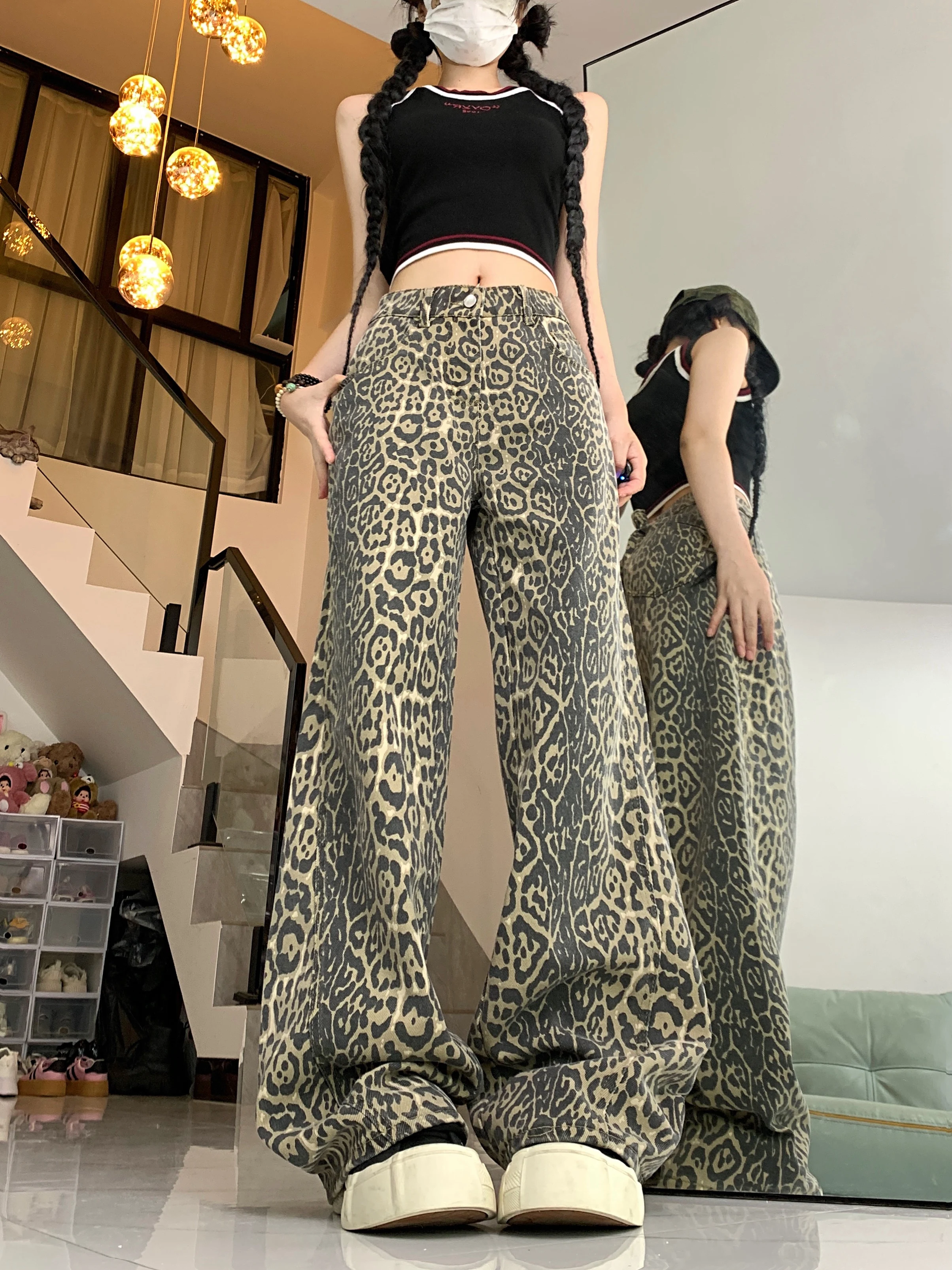 

American Retro 2024 Spring and Autumn New Camo Leopard Pattern Jeans Women's Wide Leg Pants Spicy Girl