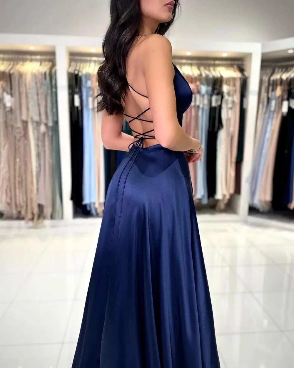 Navy Blue A-Line Prom Dress Spaghetti Evening Dresses Elegant Dresses Thigh Split V-Neck Satin Bridesmaid Dresse Robes De Soirée