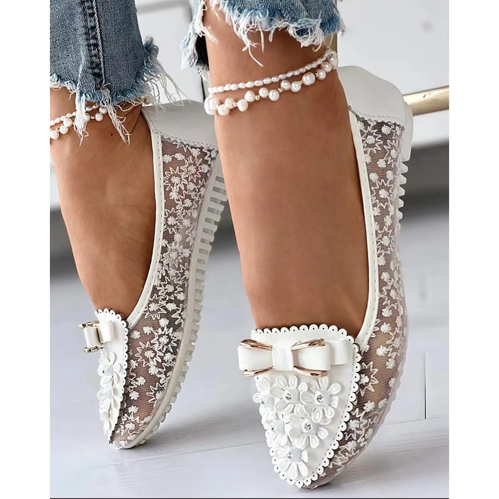 Summer Women Floral Embroidery Sheer Mesh Design Loafers Casual Bowknot Decor Flats Outdoor Slip-on Going Out Elegant Shoes