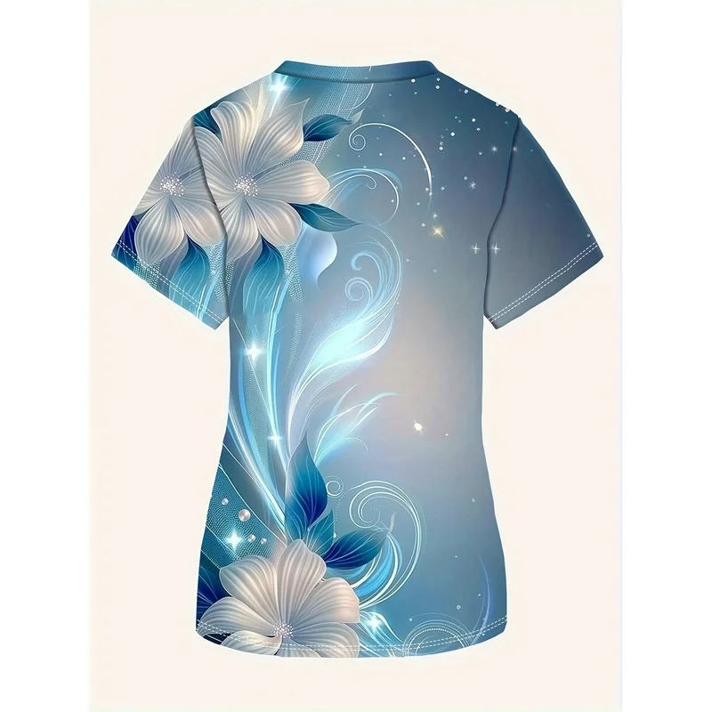 Women's Fashion Short SleeveVCollar top，Starry sky abstract floral print casual comfortable medical nurse uniform with pockets