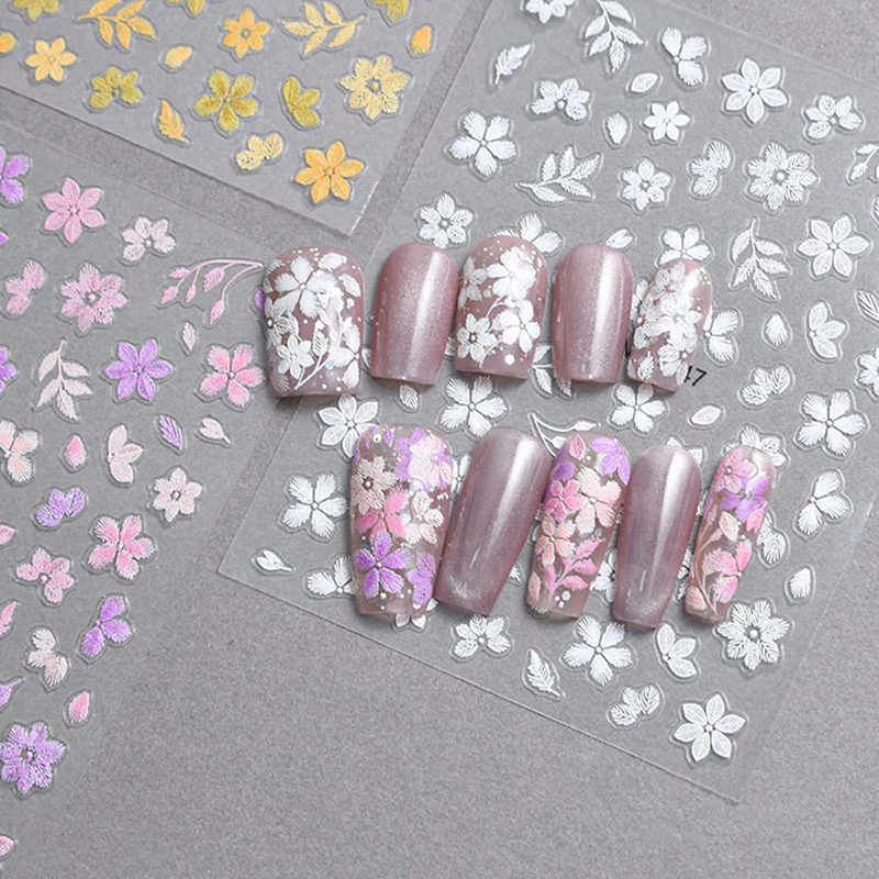 3D Embroidery Flower Nail Art Stickers White Pink Yellow Exquisite Chinese Style Adhesive Stickers Nail Art Decoration DIY Salon