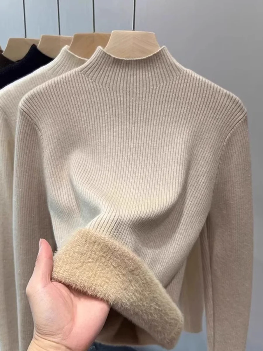 

Женский вязаный свитер Thiened Fce с высоким воротником, цельный бархатный теплый внутренний свитер Base irt, осень-зима Faion