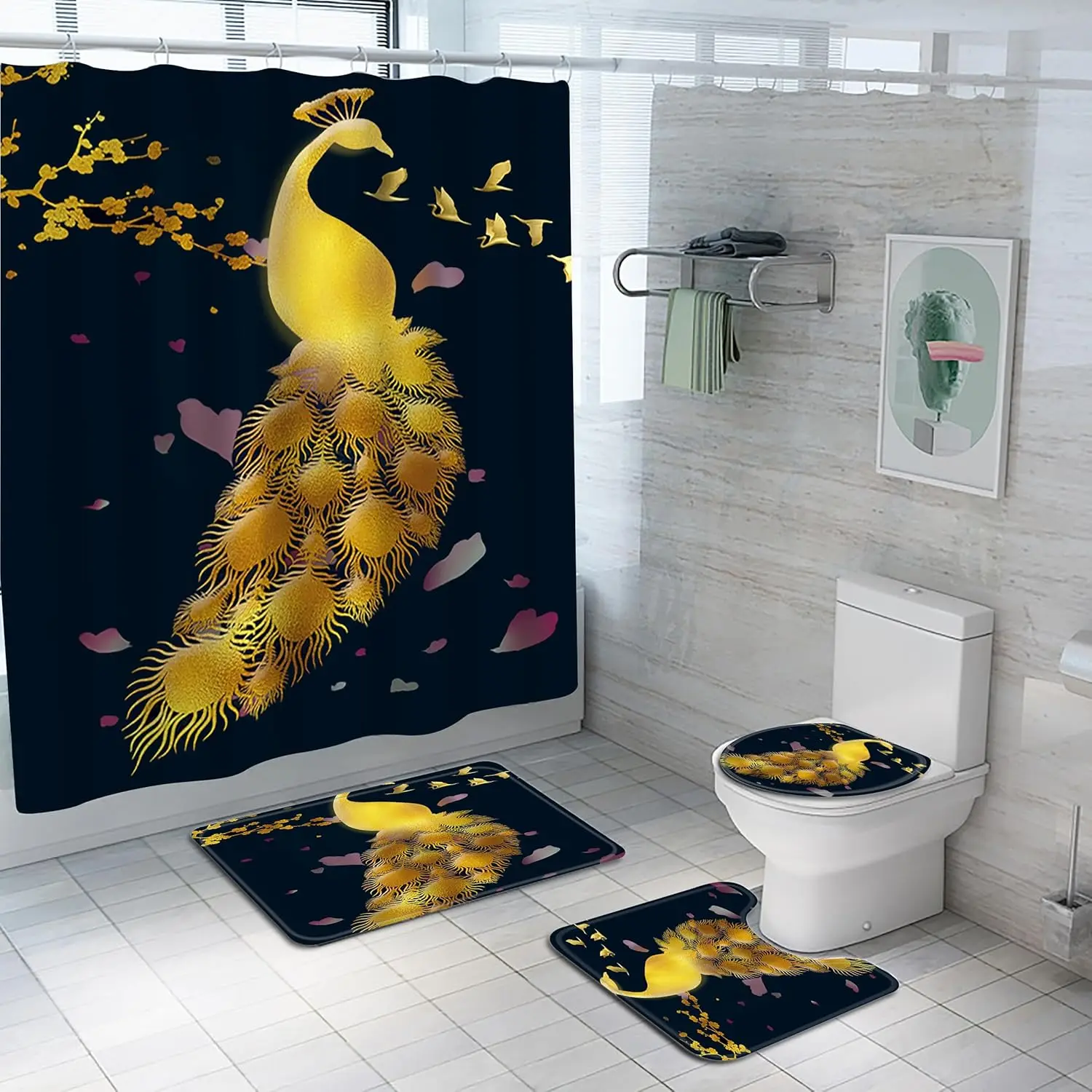 

4 шт., наборы занавесок для душа «Золотой павлин», наборы для ванной комнаты «Павлин» с занавеской для душа, ковриком для крышки унитаза, контурным ковриком и ковриком для ванной