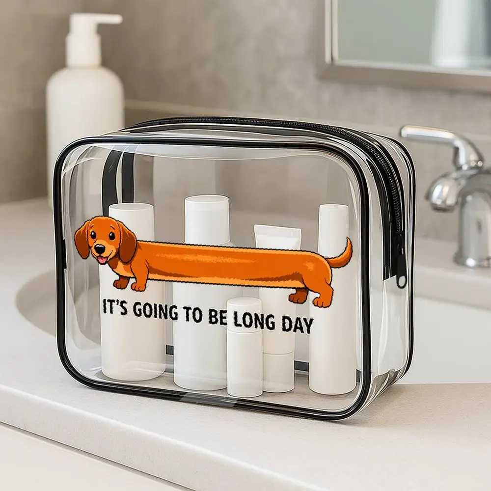 Toiletry Bag Cartoon Dachshund Clear PVC Zipper Makeup Bag Kawaii Cartoon Style Bright Orange Portable Storage Pouch With Bold F