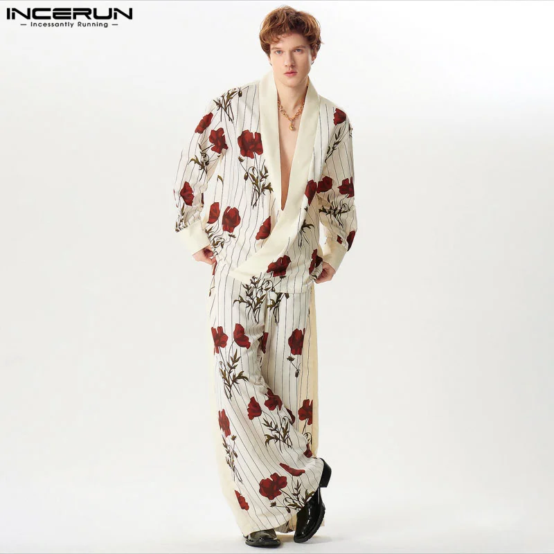 INCERUN Men Sets Flower Printing Loose V Neck Long Sleeve Shirt & Wide Leg Pants 2PCS Streetwear 2024 Fashion Men\'s Casual Suits