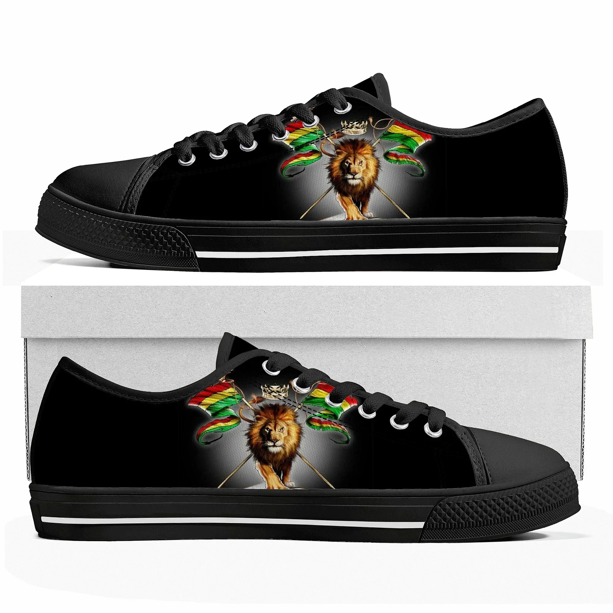 Reggae Rastafarian Rasta Rastafari สิงโตยูLow Top รองเท้าผ้าใบบุรุษสตรีวัยรุ่นผ้าใบรองเท้าผ้าใบรองเท้าสบายๆรองเท้าที่กําหนดเอง