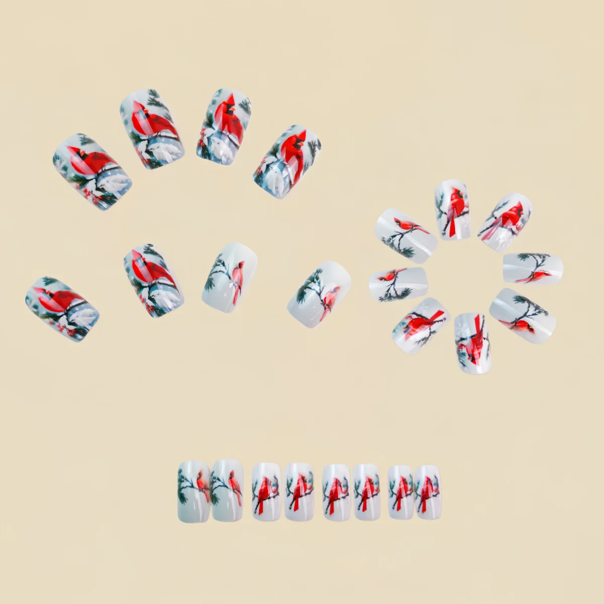 Medium fake nails for women girls red Birds tree Green golden black leaf design Square nail tips press on false nail art set