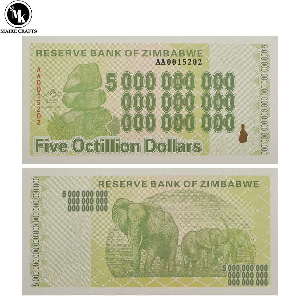 

Zimbabwe Five Octillion Dollars Banknote with UV Anti-counterfeit Serial Number Paper Money Collection Business Gift