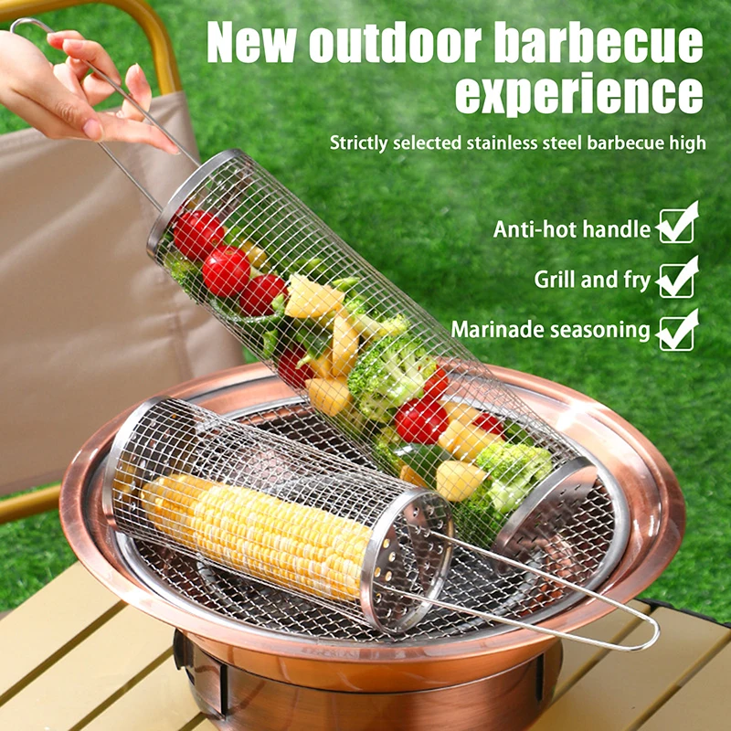 Stainless Steel Barbecue Cages Grill Basket Camping Cookware Outdoor Portable Round BBQ Campfire Grid Rolling Grill Basket