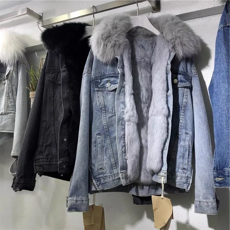 Lady New Big Fur Collar Denim Jacket Women Winter Warm Basic Coat Female Cold Motorcycle Outerwear Fleece Thick Padded Overcoat