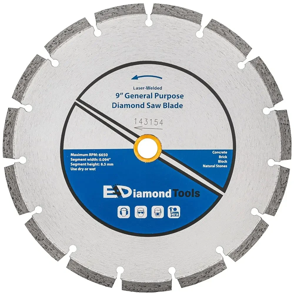 Laser Welded Diamond Saw Blade for Concrete, Brick, Block and Masonry, Heat Treated Blade Core, Dry or Wet, 1" Arbor