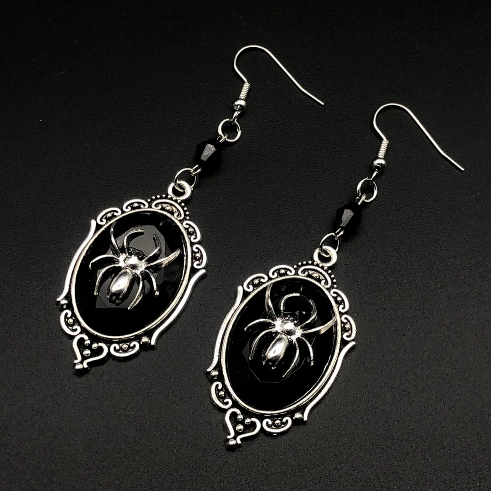 Gothic Dangle Spider Cameo Earrings,Small Spider Earrings,Witches,Gothic Victorian Silver Plated Framed Spider Cameo Earrings