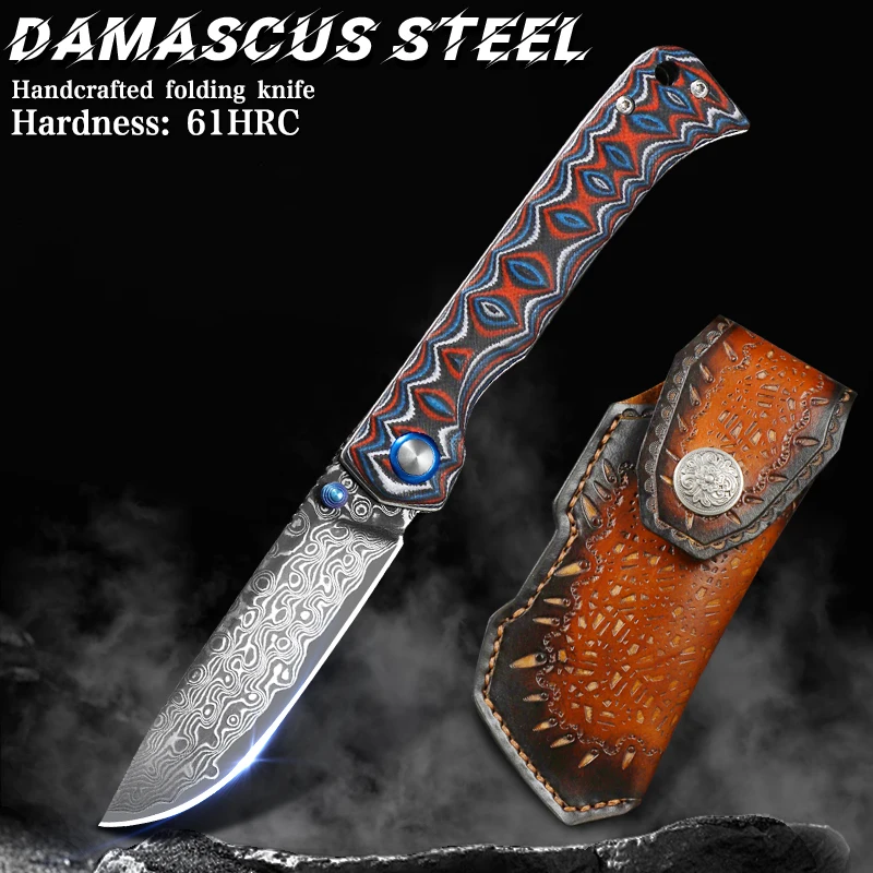 

Damascus steel folding pocket knife with non-slip G10 handle. Ideal for camping adventures, EDC tool , mountaineering, travel
