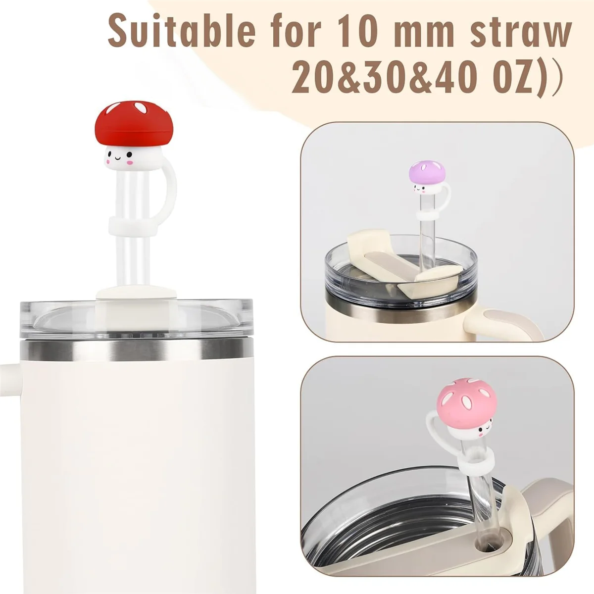 Paquete de 4 tapas de silicona para pajita, Cute Mushroom Topper con mango, Compatible con vaso de 30 y 40 Oz