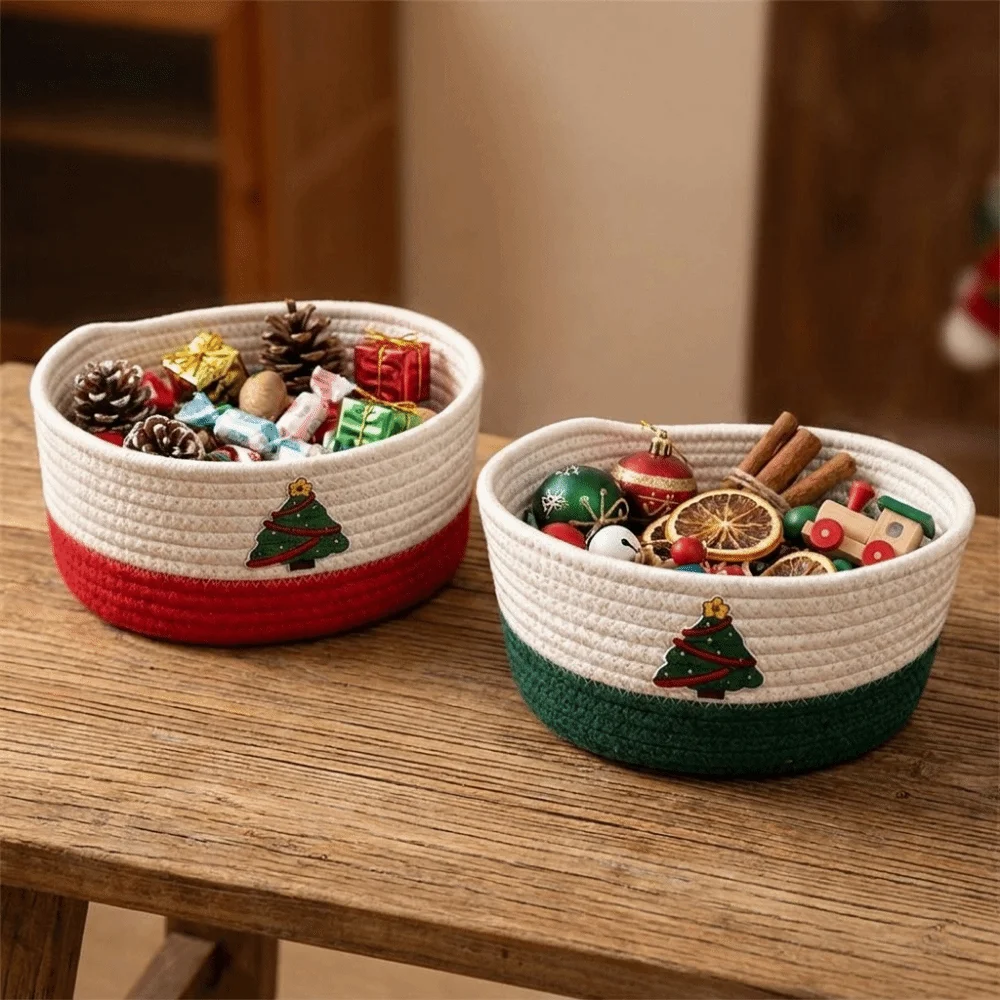 Cotton Rope Christmas Woven Storage Basket Cute Large Capacity Candy Storage Baskets Xmas Theme Hand Woven Storage Basket