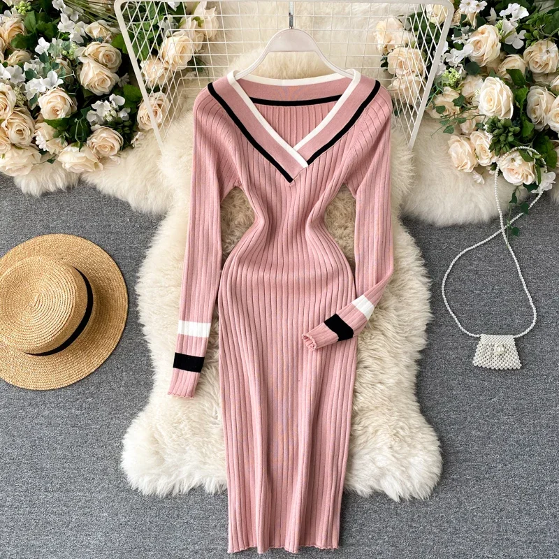 Women Chic Long Sleeve Sexy Slim Bodycon Dress Vintage Fashion Knit V Neck Vestido Elegant Slim Autumn Winter Basic Sweater Robe