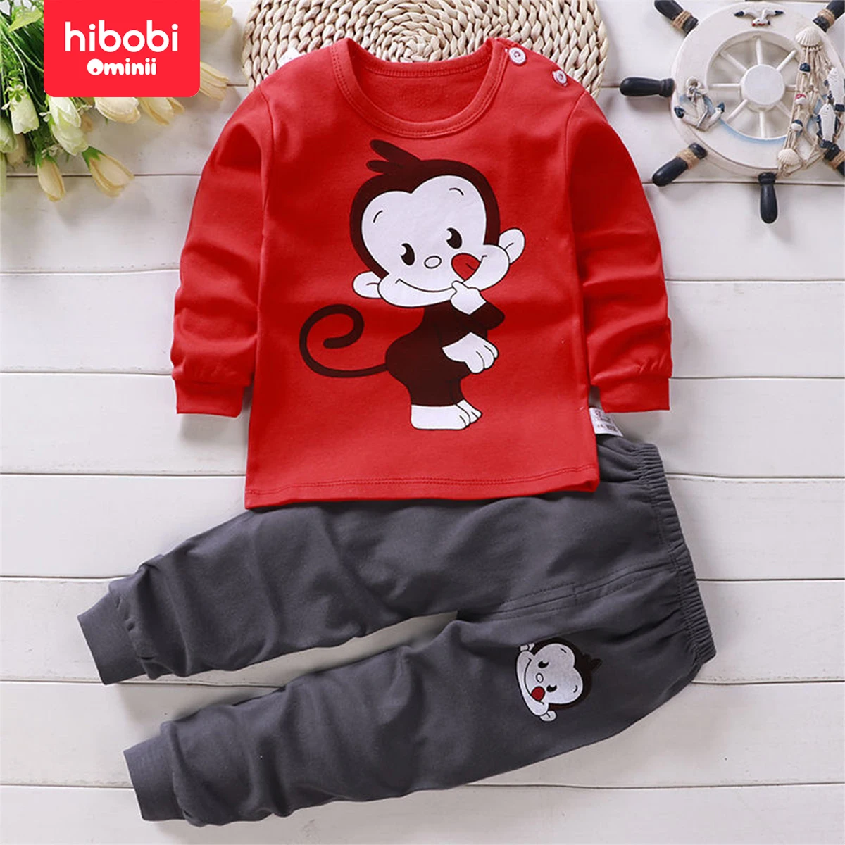 hibobi 2-Piece 100% Cotton Children\'s Comfortable Round Neck Warm Home Clothes Set Cute Animal Pajamas And Pajama Pants Set