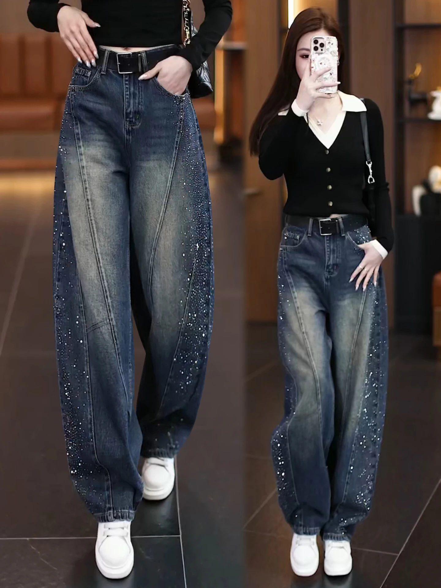

High Waist Wide Leg Jeans Women's Spring Autumn 2026 New Popular Knife Shiny Rhinestone Denim Pants Casual Straight Cut