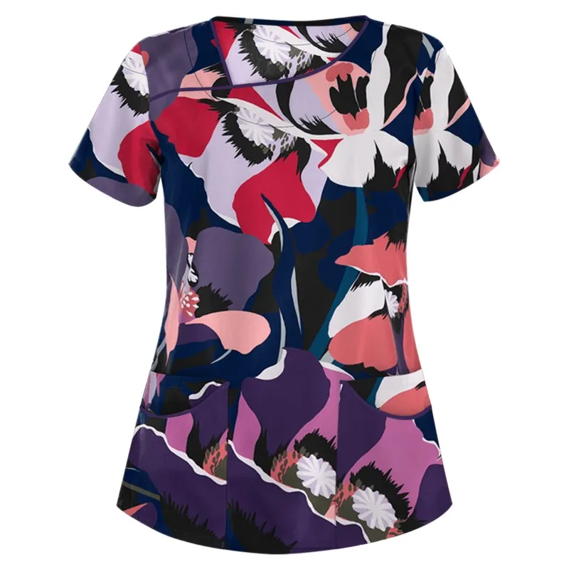 T-shirt tascabile a maniche corte con scollo a V stampata da donna europea e americana Camicia da donna per medico infermiere per salone di bellezza ospedaliero per animali domestici