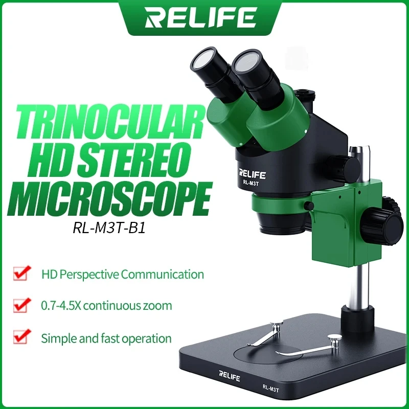 

RELIFE RL-M3T-B1 Trinocular Stereo Microscope 7X-45X Zoom Matched With HDMI Camera LED Light for Mobile Repair Microscope