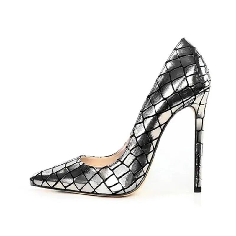 

Sexy Metallic Checkered High Heel Shoes Gold Silver Leather Pointed Toe Shallow Sky High Stilettos Pumps 12cm 10cm 8cm