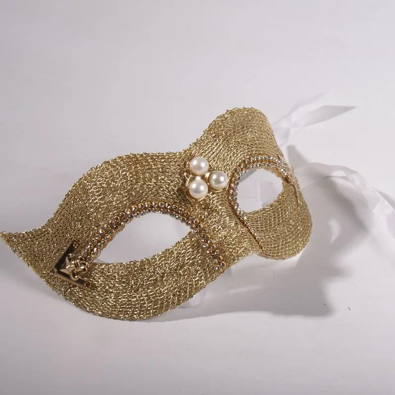 

Gold Half Face Masquerade Mask with Pearl Rhinestone, Venetian Style for Halloween Party Ball, Wedding Cosplay for Adults & Kids