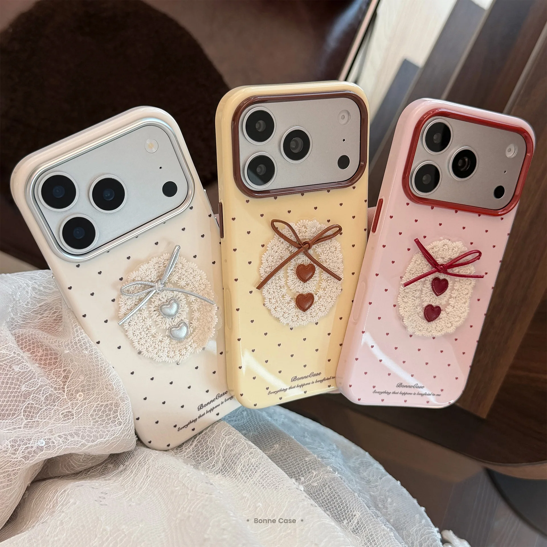 Korean Full Screen Polka Dots 3D Lace Love Heart Bowknot Phone Case For iPhone 18 17 16 15 14 13 Pro Max Shockproof Soft Cover