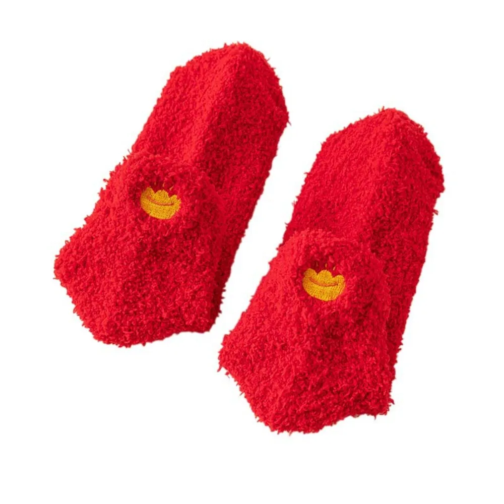 

Kawaii коралловый флис, новогодние носки, носки с вышивкой, мультяшные носки на удачу, женские чулочно-носочные изделия, утепленные теплые носки средней длины, новогодний подарок