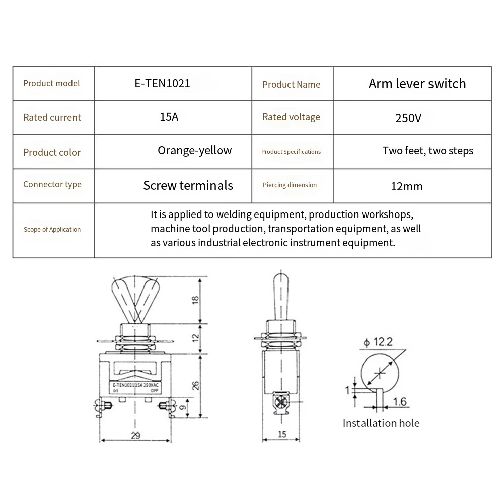 15A 250V For Toggle Switch E-TEN1021 SPST 2 Pin 2 Position On-Off Rocker Switch with IP54 Protection Level and Copper Contacts