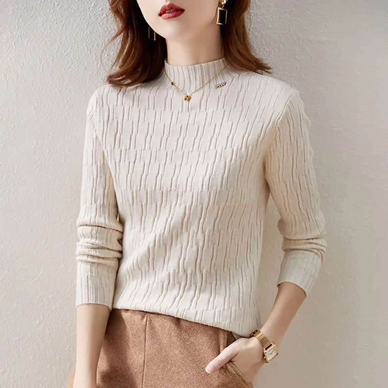 

Spring Autumn Fashion Korean Edition Solid Color Half High Neck Sweater Loose and Versatile Western Women's Knitted Top JJ445