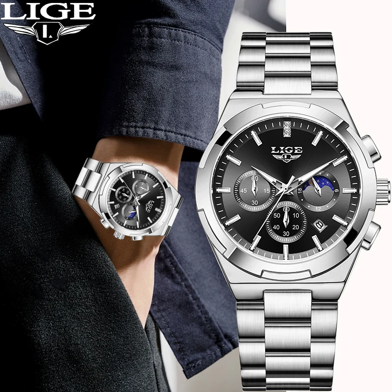 LIGE Luxury Classic Man Watch Business Simple Moon Phase Stainless Steel Auto Date Life Waterproof Quartz Watches for Men Reloj
